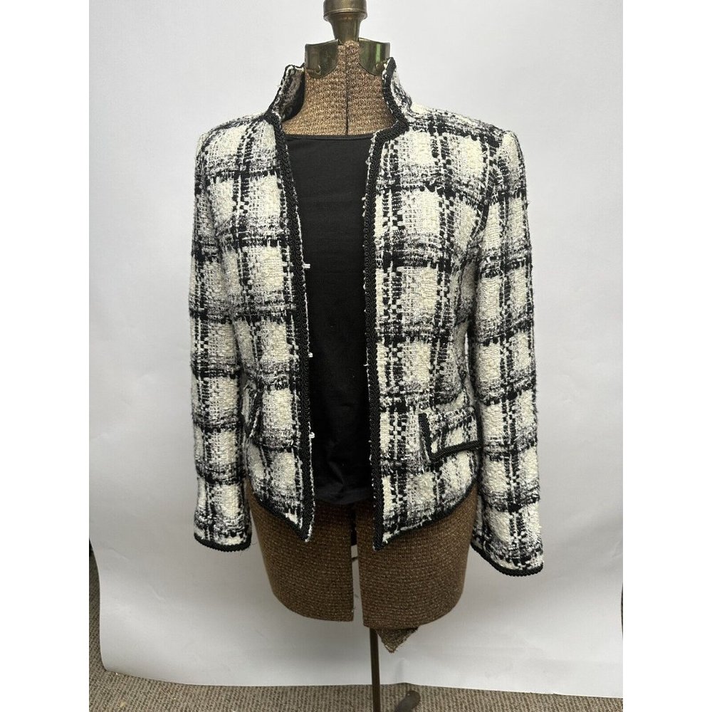 Chicos‎ Classy Wool Blend Short Jacket Womens Black/White SZ 0 Very Gd Condition